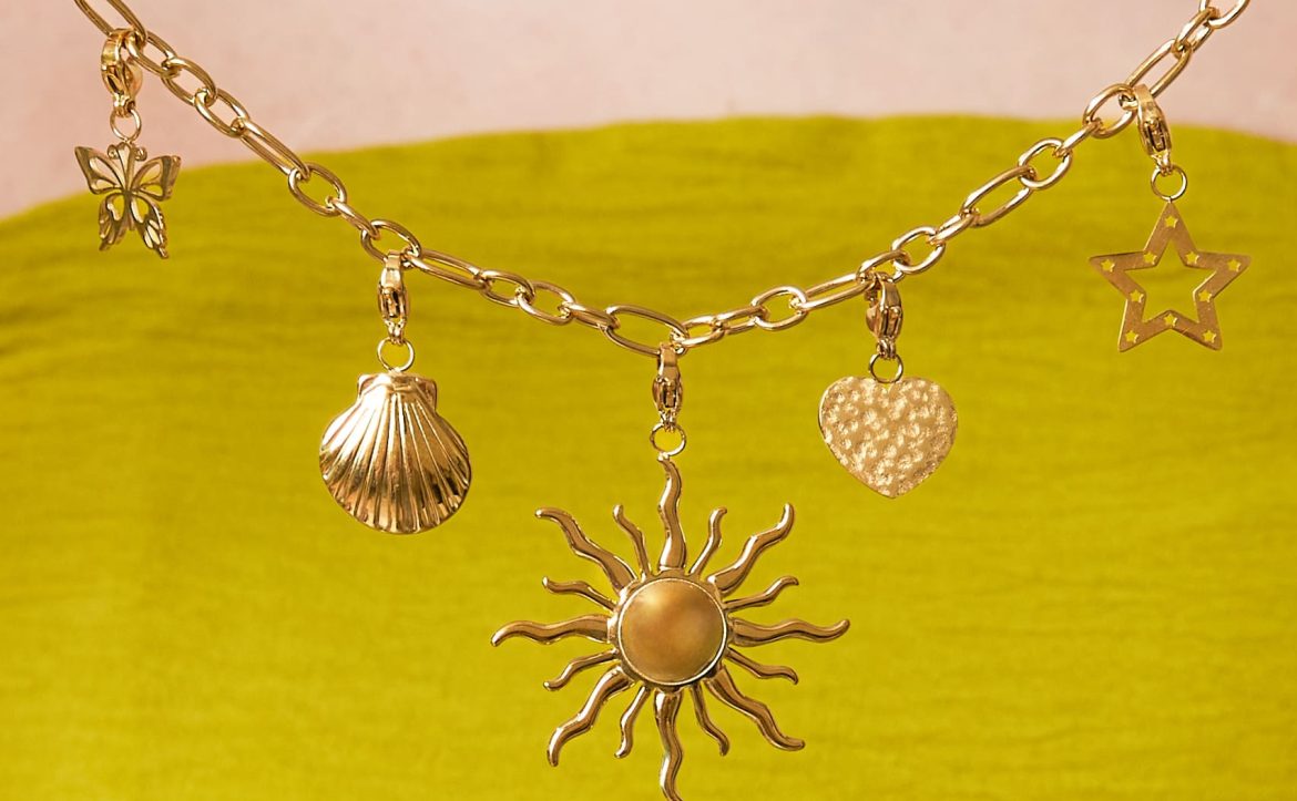 Gold Charm Necklace with Sun, Star, Shell, Butterfly & Heart, Women’s Elegant Jewelry